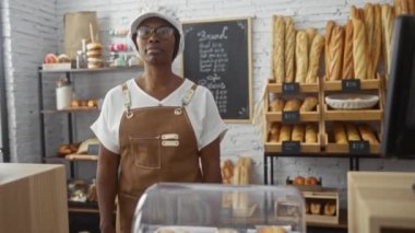 Bir pastanedeki genç kadın kollarını kavuşturup çeşitli ekmek ve hamur işleriyle çevrelenmiş vaziyette duruyor, kendine güvenen bir fırın sahibini ekmek ve dekorla dolu bir yerde sergiliyor..