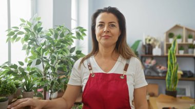 Kırmızı önlüklü, kendine güvenen İspanyol bir kadın bitkilerle dolu oturma odasında gururla duruyor..