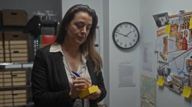 Odaklanmış bir İspanyol kadın dedektif, arka planda bir suç delili panosuyla polis merkezinde notlar alıyor..