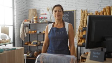 Fırında elinde ekmek ve pasta raflarıyla dikilen kadın, kot önlük giyiyor ve kameraya bakıyor, ön planda yazar kasası ve arka planda parlak bir penceresi var.