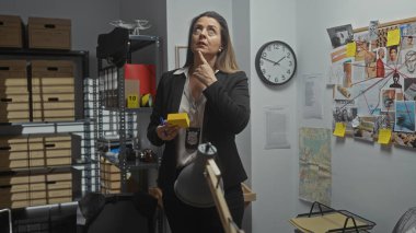 Düşünceli kadın dedektif, polis merkezinde elinde kanıt panosu, saati ve dosyaları olan bir dava üzerinde kafa yoruyor..