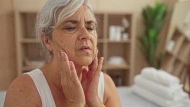 Yüzüne dokunan gri saçlı olgun bir kadın havlular ve bitkilerle dolu bir spa odasında derin bir şekilde düşünüyor..