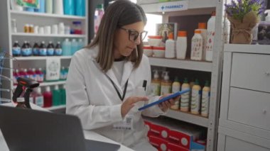 Eczanede çalışan kadın gözlük ve laboratuvar önlüğü giyiyor tablet ve dizüstü bilgisayar kullanıyor. Etrafı ilaç ve ürünlerle çevrili.