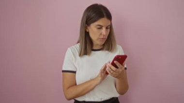 Elinde akıllı telefon tutan, beyaz tişört giyen, pembe arka planda izole edilmiş, şaşırmış, İspanyol esmer bir kadın.