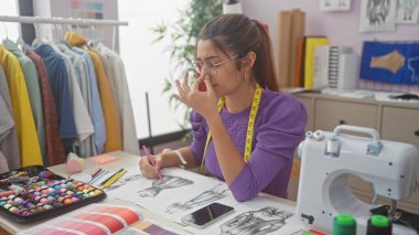 Dikiş makinesiyle renkli bir atölyede moda tasarımı çizimlerine konsantre olan genç İspanyol kadın.