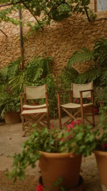 Güneşli bir günde iki boş ahşap sandalye, yemyeşil bitkiler, terasotta tencereleri, taş duvarlar ve sakin bir atmosferi olan bir açık hava bahçesinde.