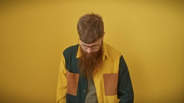 Kızıl saçlı, sakallı, sarı arka planda poz veren, gözlüklü ve çok renkli gömlekli düşünceli genç bir adam..