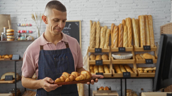 Young man holding a tray of croissants in a bakery interior with various bread loaves on shelves in the background, displaying a warm and welcoming environment.