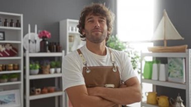 Kolları çapraz duran genç adam bir ev dekorasyon mağazasında düzenli raflarla çeşitli dekoratif eşyalar, bitkiler ve kitaplar sergiliyor.