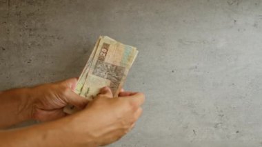 Mısır 'da para, finans ve ekonomik temaları gösteren gri beton bir yüzey üzerinde Mısır poundu sayan eller.