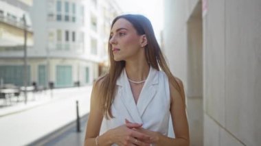 Düz sarı saçlı güzel bir kadın, beyaz kolsuz bir bluz giyiyor, güneşli bir günde arka planda modern binalar olan bir caddede duruyor..