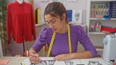 İspanyol kadın terzi atölyesinde moda tasarımları çiziyor. Arka planda dikiş makinesi ve giysi var.