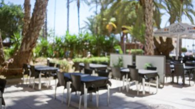 Güneşli bir günde, bereketli palmiye ağaçları ve tropikal yeşillikler arasında boş masalar ve sandalyelerle bulanık bir kafeterya sahnesi..