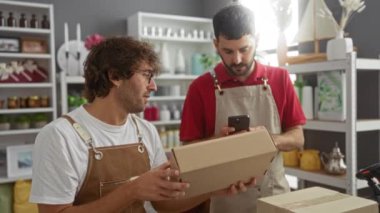Erkekler bir ev dekoratörü dükkanında birlikte çalışıyorlar. Paketleri telefonla tarıyorlar.