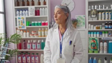 Yaşlı kadın eczacı çeşitli tıbbi ürünlerle çevrili bir eczanede duruyor. Üzerinde kimlik kartı olan beyaz laboratuvar önlüğü var. İyi aydınlatılmış eczane odasında ciddi görünüyor.
