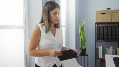 Ofisteki genç bir kadın elinde bir tablet bilgisayar tutuyor ve etrafını profesyonel ve odaklanmış bir çalışma ortamını temsil eden organizasyonel malzemeler ve ofis malzemeleriyle sarmış dalgın dalgın bakıyor..