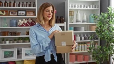 Arkaplanda çeşitli dekoratif eşyalar ve ev bitkileriyle dolu rafları olan bir ev dekorasyonu mağazasında kutuları tutan kadın.