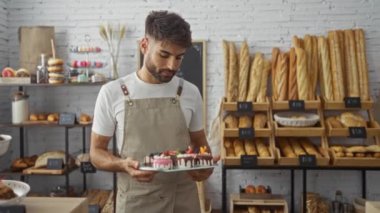 Fırında çalışan genç adam arka planda ekmek rafları ve hamur işleriyle süslü pastalar tutuyor.