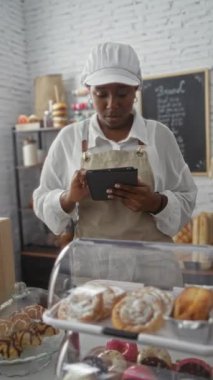 Fırında çalışan genç bir kadın tablet kullanıyor, etrafında pastalar ve ekmek, önlük ve şapka takıyor, gülümsüyor ve işine odaklanıyor..