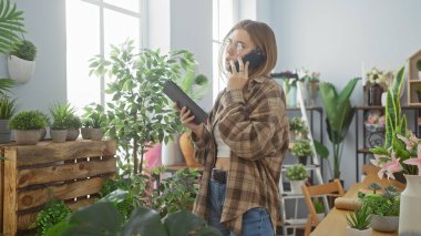 A young woman in a flower shop, talking on a phone and holding a tablet, surrounded by an assortment of plants. clipart