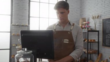 Yakışıklı, fırında çalışan genç bir adam, önlük takıyor ve bilgisayarın önünde duruyor, içi taze ekmek ve pişmiş mallarla dolu raflarla çevrili.