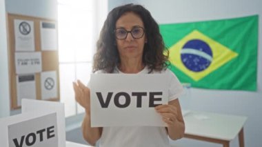 Şok olmuş orta yaşlı İspanyol kadın elleriyle ağzını kapatıyor, sürpriz bir ifadeyle Brezilya seçim üniversitesinde oy kağıdı tutuyor.