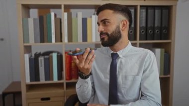 Ofisteki iş yerinde sakallı genç adam arka planda kitaplıklarla akıllı telefondan konuşuyor.