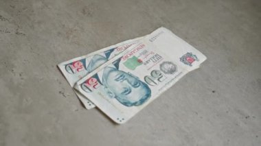 Singapur 'dan gelen finans ve para birimini temsil eden üç buruşuk banknot, sert beton yüzeyde yatıyor.
