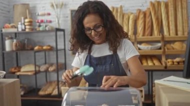 İspanyol kadın pastanede çalışıyor maşayla hamur işleri düzenliyor, çeşitli ekmek çeşitleri ve fırınlanmış mallarla çevrili..