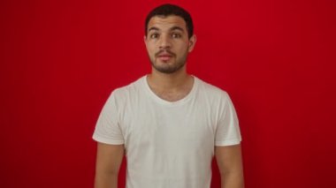 Beyaz tişört giyen genç İspanyol adam şaşkınlık ve şaşkınlık dolu bir yüz takınıyordu. Ağzı, izole edilmiş kırmızı arka plan yüzünden korkuyla açıktı.
