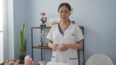 Asyalı bir kadın, bitki ve havlularla süslenmiş sakin bir spa odasında karşılıyor. Bu da sağlıklı bir atmosfer olduğunu gösteriyor..