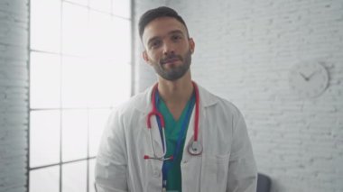 Tıbbi ceket ve steteskop giyen yakışıklı, genç bir adam büyük bir penceresi ve beyaz tuğlalı duvarları olan bir klinik odasında..