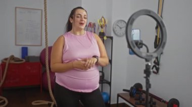 Spor salonunda egzersiz yapan bir kadın, arka planda görülen halka ışığı, kupalar ve spor aletleriyle kendini kaydediyor, fitness ve sağlık konularına odaklanıyor..