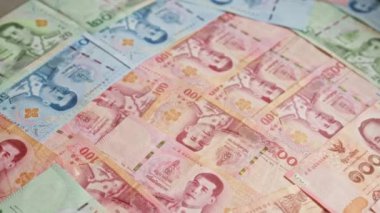 Baht 'ın çeşitli mezheplerini tasvir eden renkli Tayland banknotları, karışık tasarımlar, canlı renkler ve Tayland' ın önde gelen tarihsel figürlerinin resimleri sergilenmektedir..