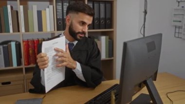 Ofiste çalışan İspanyol asıllı genç adam yargıç cübbesi giyip arka planda kitaplıklarla bilgisayarın önünde gazete okuyor.