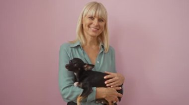 Köpek ve sarışın orta yaşlı kadın gülümseyen yüzüyle ayakta duruyor ve pembe gömlekler giyiyor.