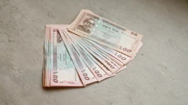 Bangladeş banknotları, somut bir yüzeyde düzgün bir şekilde sıralanmış, ülkenin para birimini ayrıntılı bir yakın çekim bakış açısıyla gözler önüne seriyor..