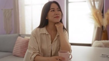 Elinde pembe bir bardakla evin içinde gülümseyen bir kadın, rahat bir oturma odasında oturuyor yumuşak yastıklarla süslenmiş ve büyük pencerelerden gelen doğal ışıkla.