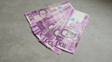 Beton yüzeyde sergilenen Filipin pesoları, düzgünce istiflenmiş çeşitli 100 banknotu gösteriyor.