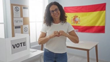 Orta yaşlı İspanyol kadın, seçim kolejinde duruyor. Oy verirken sevgi ve romantik konsepti temsil eden elleri ile kalp sembolü gösteriyor. İspanya seçimleri.