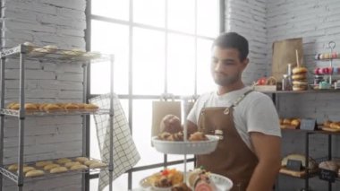 Fırında önlük takan genç bir adam ve arka planda ekmek raflarında sergilenen lezzetli hamur işlerinin yanında duruyor.