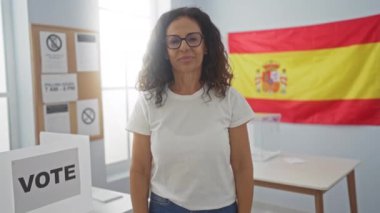 Oy verin, orta yaşlı İspanyol kadın gülümseyen ve işaret eden eliyle oy veriyor, İspanyol seçmen kolejine hayran kalıyor.
