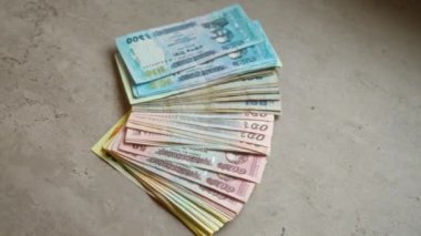 Bangladeş 'in çeşitli banknotlarından oluşan yığınlar, ülkenin para birimini ön plana çıkarıyor..