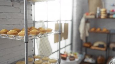 Pastanede sakallı genç bir adam telefonda konuşurken rafta yeni pişmiş yiyecekler izliyor..