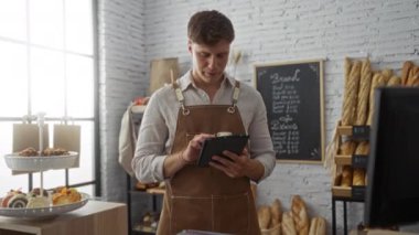 Bir pastanede tablet kullanan genç bir adam çeşitli hamur işleri ve somunlar ile kapalı bir ortamda sergileniyordu.