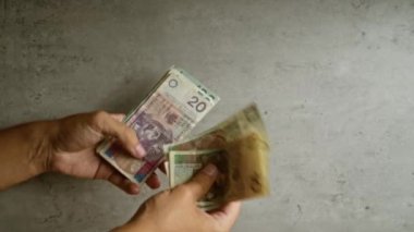 Polonya 'da finans ve para kavramını gösteren, somut bir arkaplan karşısında, cila zloti banknotları sayan eller.