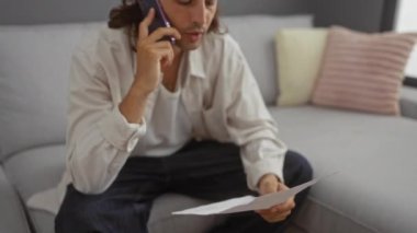 Uzun saçlı, telefonda konuşan ve apartman dairesinde evrak okuyan yakışıklı bir adam.