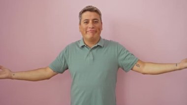 Kafası karışmış, kafası karışmış ve kafası karışmış beyaz bir adam pembe arka planda, şaşkın duygular ve kayıtsız davranışlar sergiliyor.