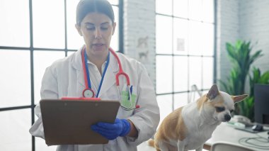 Klinikteki genç bir İspanyol kadın veteriner, Chihuahua köpeği yakınlarda otururken içeride notlar alır..