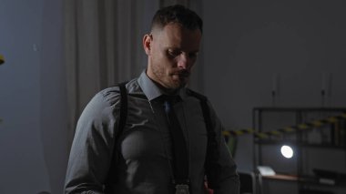 Takım elbiseli ve rozetli dalgın bir adam loş bir odada kapalı bir suç mahallini inceliyor..